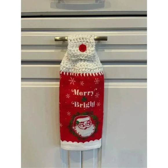 Crochet Top Kitchen towel-Merry and Bright Santa - Picture 1 of 2